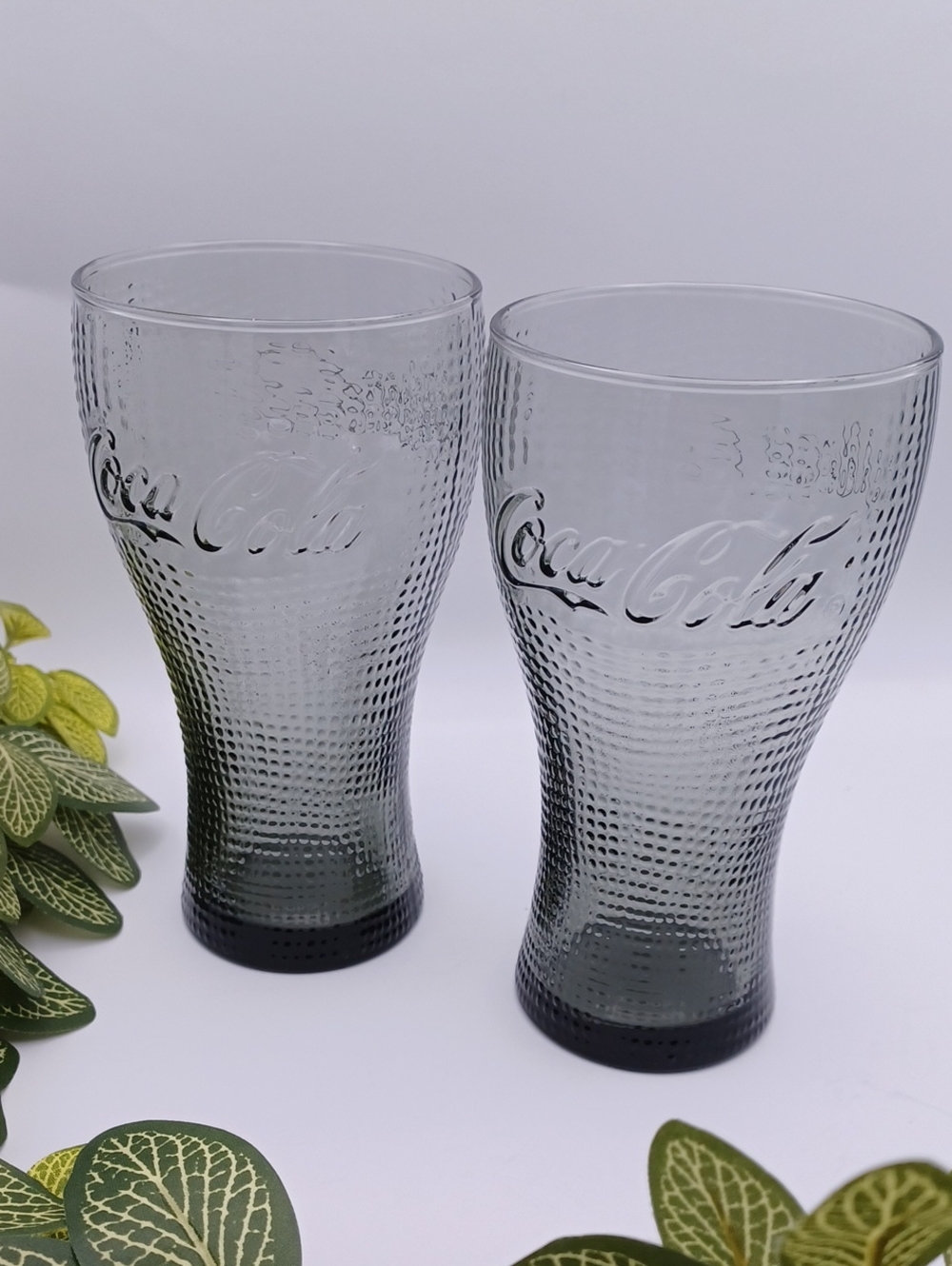 Coca Cola Smoke Gray Textured Embossed Glasses - Set of 2